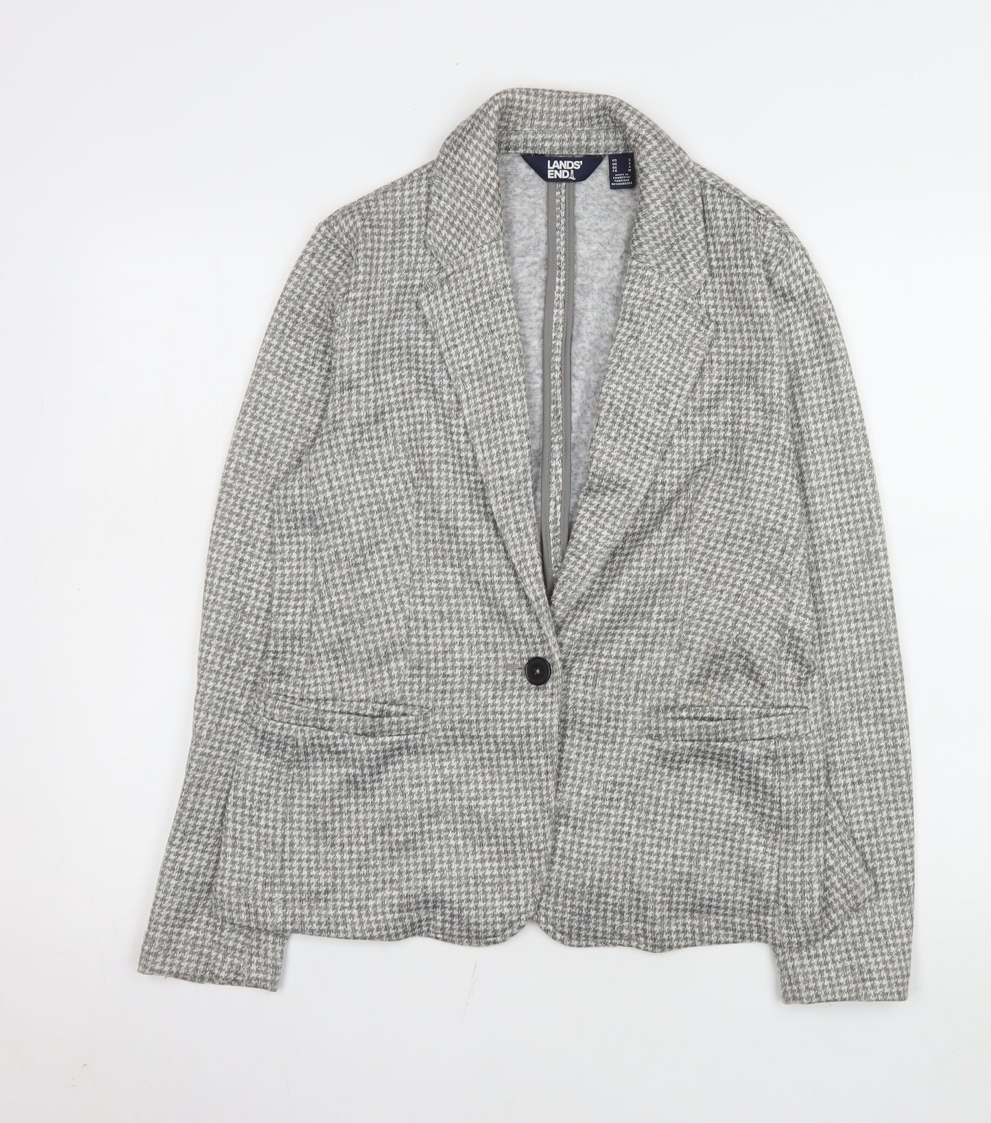 Lands' End Women Grey Houndstooth Single-Breasted Blazer Size S