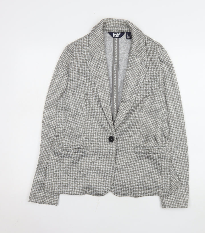 Lands' End Women Grey Houndstooth Single-Breasted Blazer Size S