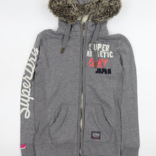 Superdry Womens Grey Hooded Fleece Jacket Size S Faux Fur Lined