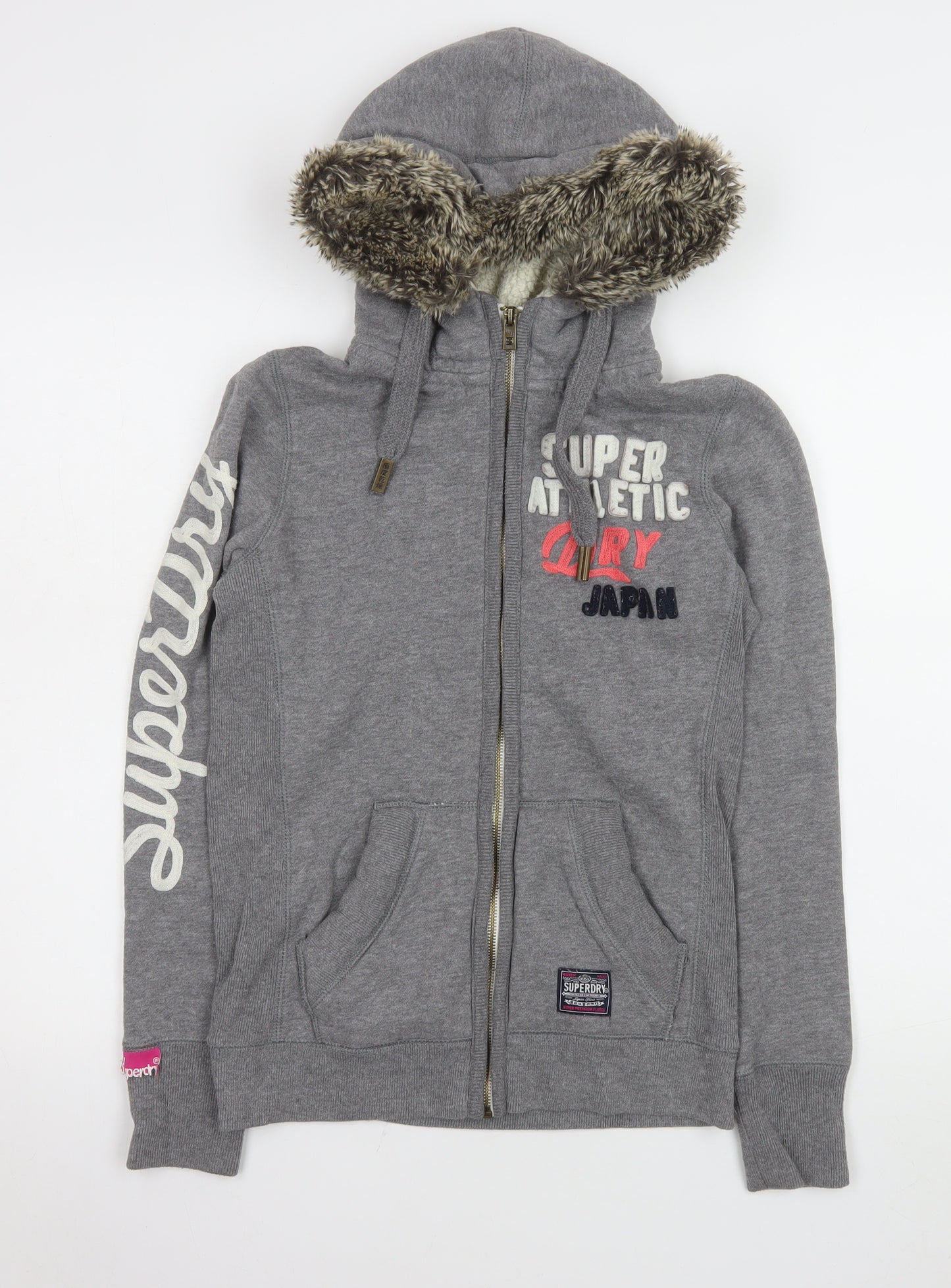 Superdry Womens Grey Hooded Fleece Jacket Size S Faux Fur Lined
