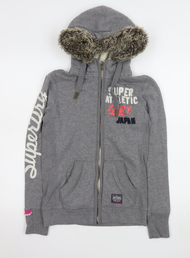 Superdry Womens Grey Hooded Fleece Jacket Size S Faux Fur Lined