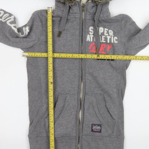Superdry Womens Grey Hooded Fleece Jacket Size S Faux Fur Lined