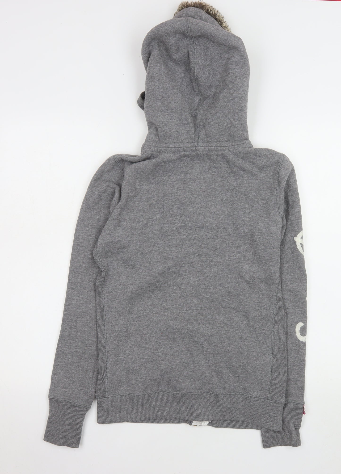 Superdry Womens Grey Hooded Fleece Jacket Size S Faux Fur Lined