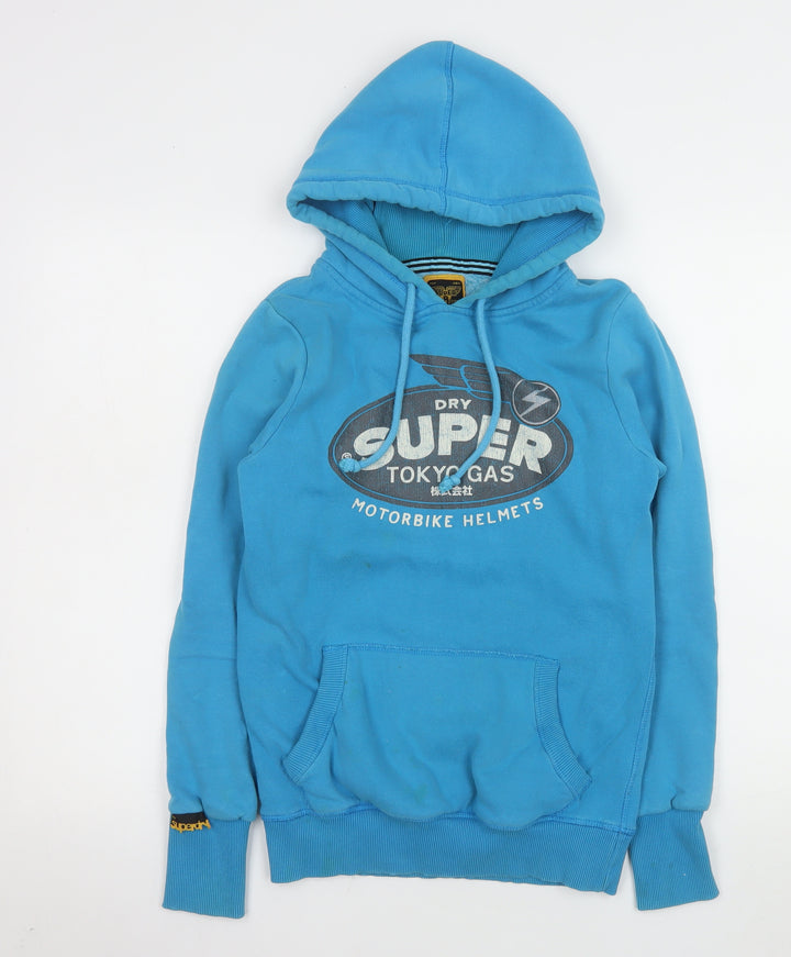 Superdry Men's Blue Pullover Hoodie Medium Hooded Logo Fleece