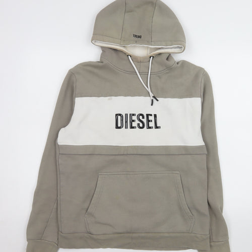 Diesel Men Beige Pullover Hoodie Large Logo Hooded Sweatshirt