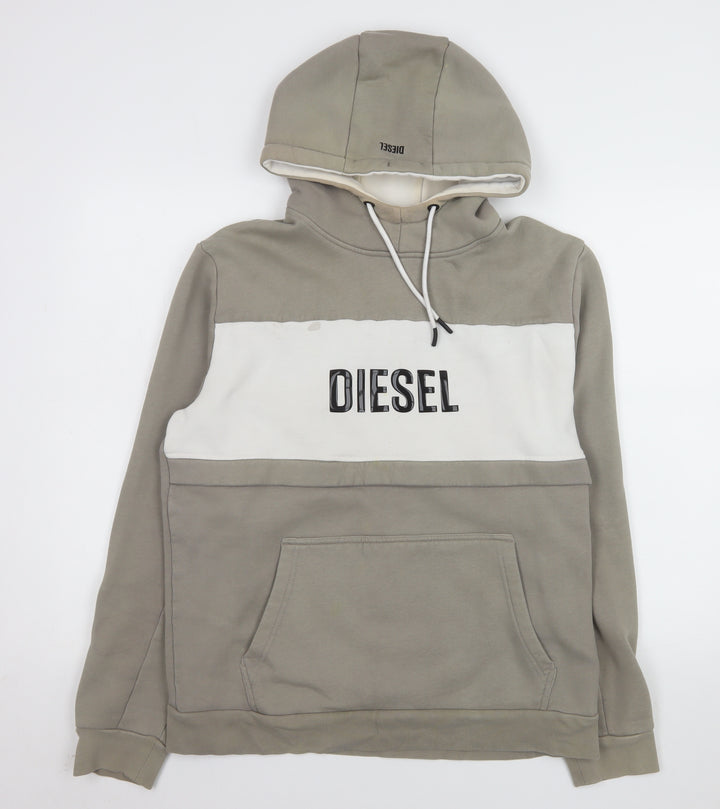 Diesel Men Beige Pullover Hoodie Large Logo Hooded Sweatshirt