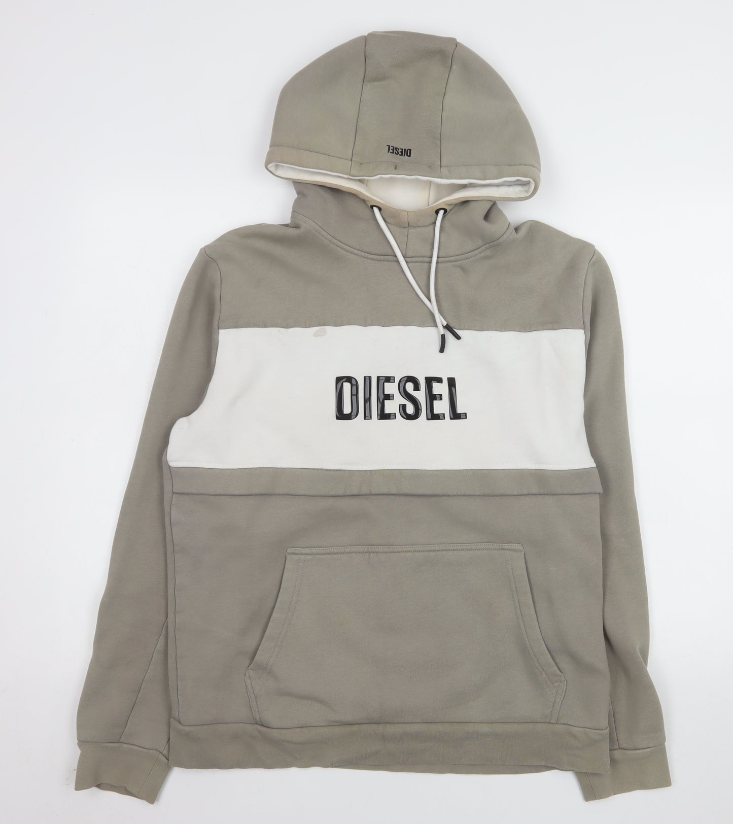 Diesel Men Beige Pullover Hoodie Large Logo Hooded Sweatshirt