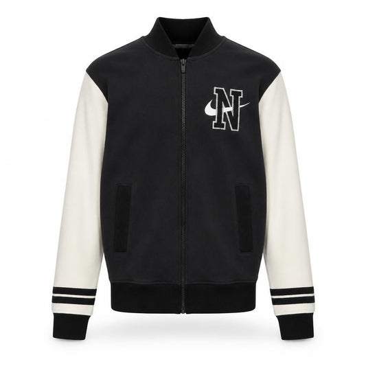 Front view of Nike Men's Black Varsity Jacket XS Cotton Full Zip Logo