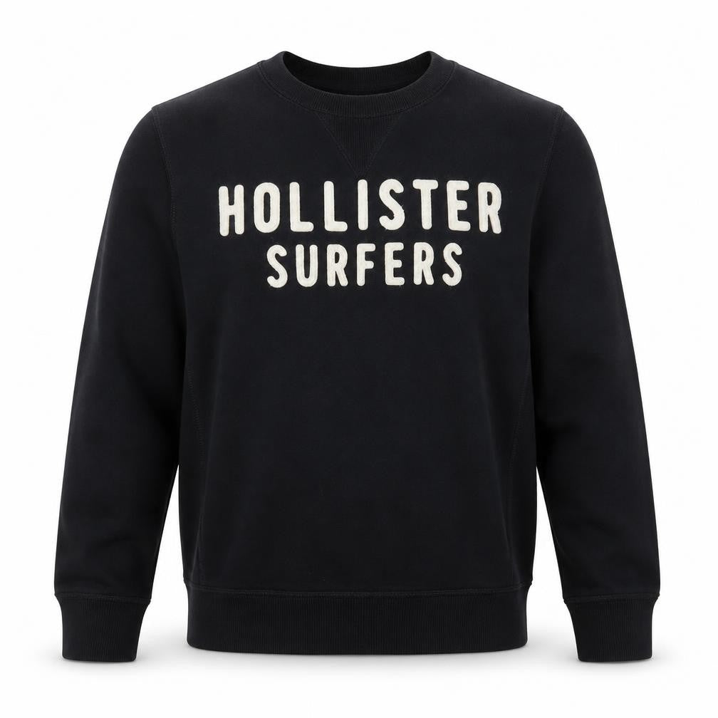 Front view of Hollister Men Black Medium Crew Neck Pullover Sweatshirt Surfers Logo