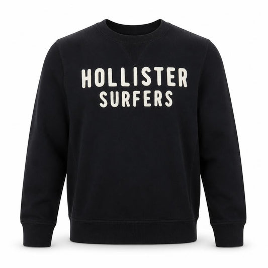 Front view of Hollister Men Black Medium Crew Neck Pullover Sweatshirt Surfers Logo