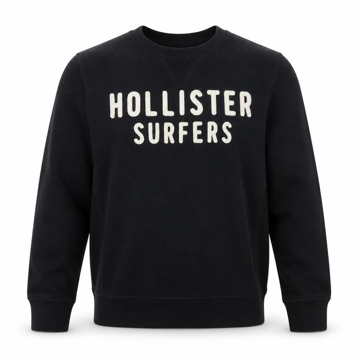 Hollister Men Black Medium Crew Neck Pullover Sweatshirt Surfers Logo
