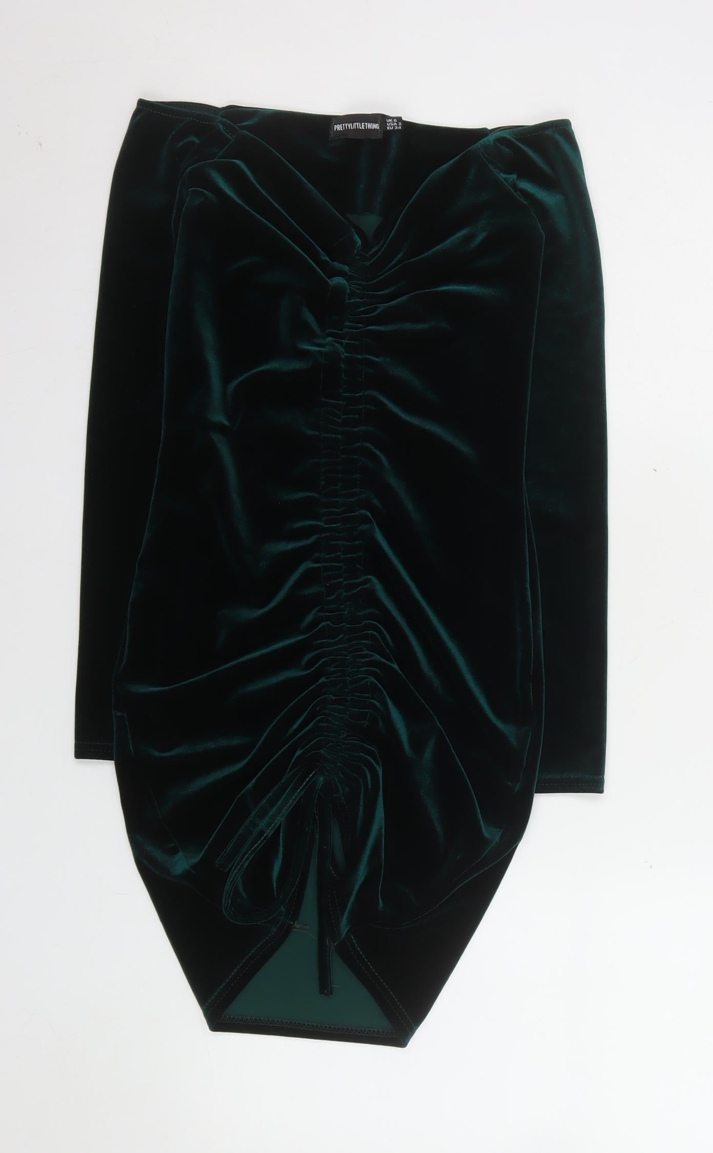 PrettyLittleThing Women’s Green Velvet Ruched Bodycon Off Shoulder Dress UK 6