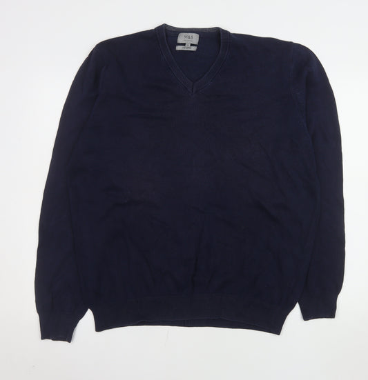 Marks and Spencer Men’s Blue Cotton V-Neck Jumper XL