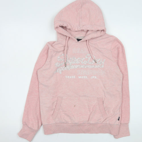 Superdry Womens Pink Pullover Hoodie UK 14 Glitter Logo Cotton Blend