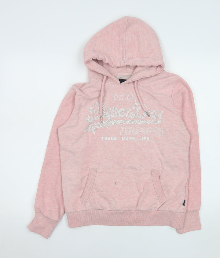 Superdry Womens Pink Pullover Hoodie UK 14 Glitter Logo Cotton Blend