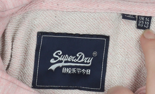 Superdry Womens Pink Pullover Hoodie UK 14 Glitter Logo Cotton Blend
