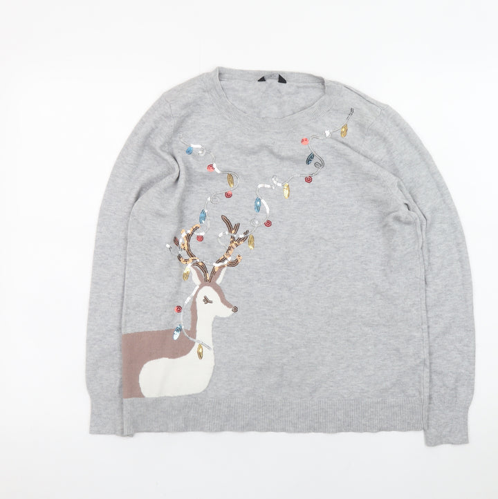 M&Co Women’s Grey Christmas Reindeer Sequin Jumper Size 16