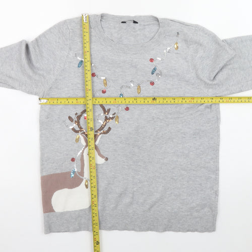 M&Co Women’s Grey Christmas Reindeer Sequin Jumper Size 16