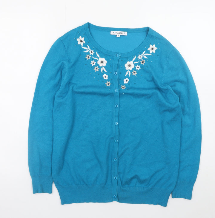 Annabelle Women Blue Floral Embroidered Button Cardigan M