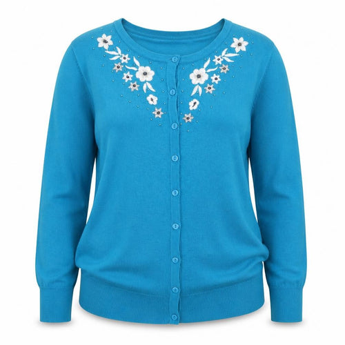 Annabelle Women Blue Floral Embroidered Button Cardigan M