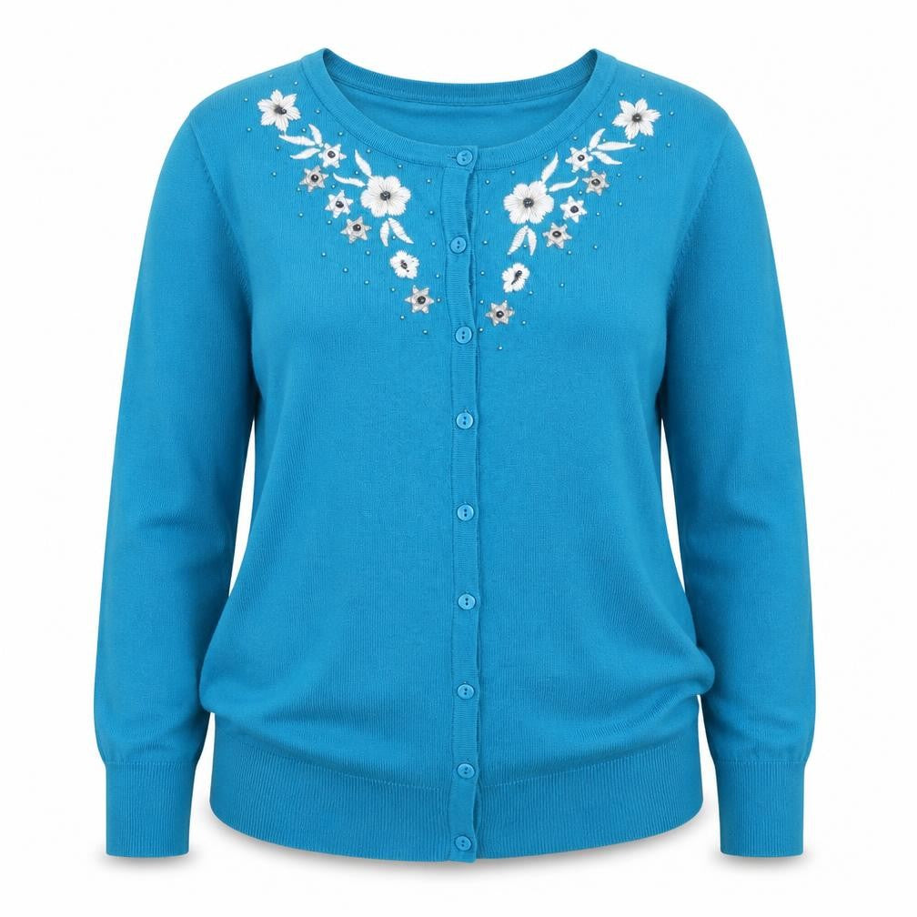 Annabelle Women Blue Floral Embroidered Button Cardigan M
