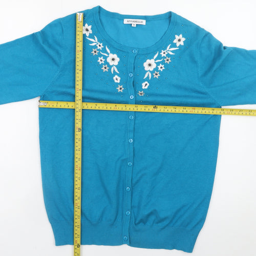 Annabelle Women Blue Floral Embroidered Button Cardigan M