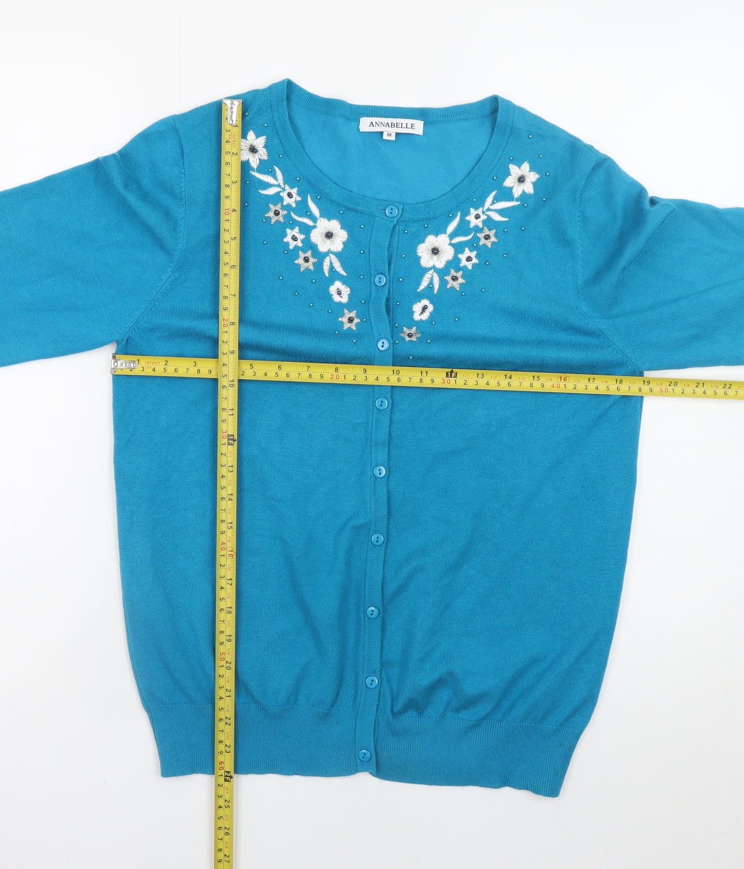 Annabelle Women Blue Floral Embroidered Button Cardigan M