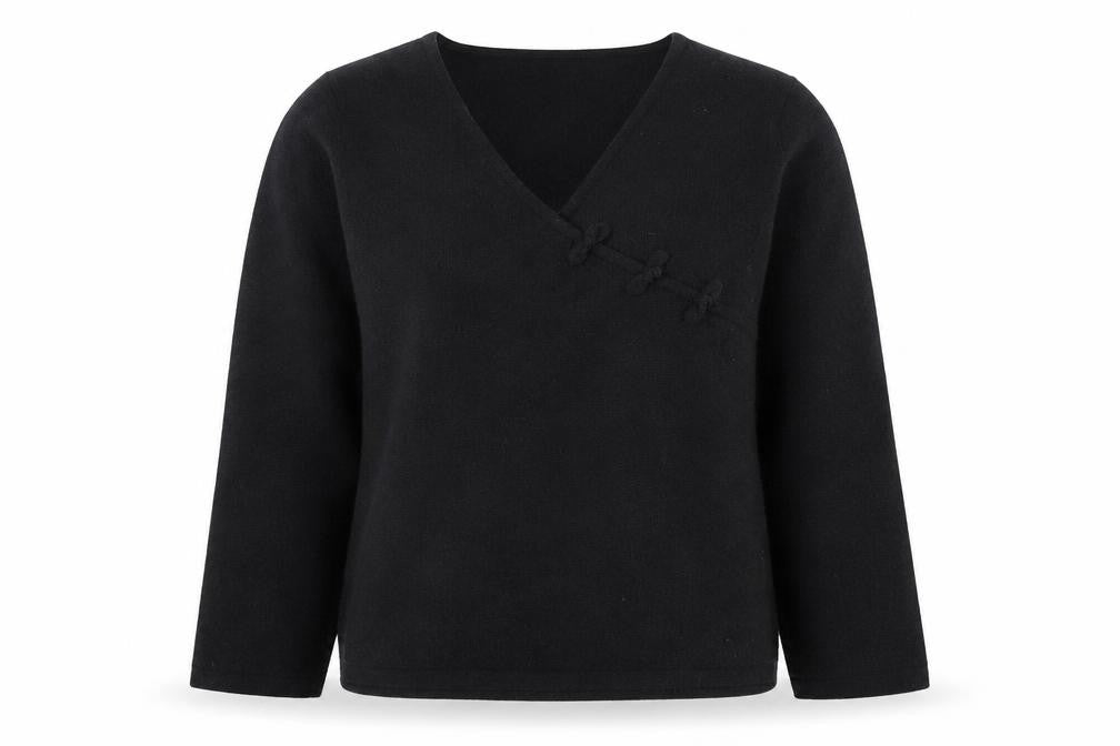 Front view of Monsoon Women’s Black Angora V-Neck 3/4 Sleeve jumper, size UK 8