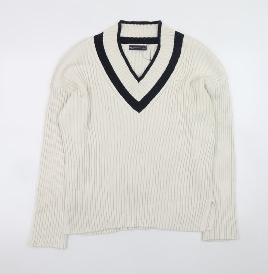 Marks and Spencer Men's Ivory V-Neck Cotton Ribbed Jumper L