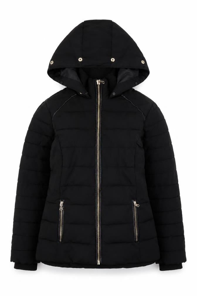 Front view of Miss Selfridge Women’s Black Hooded Puffer Jacket, size UK 8