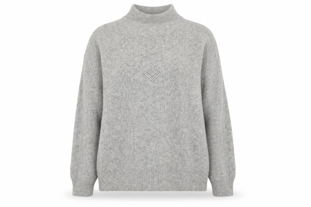 Front view of Stillishant women’s grey high neck angora wool jumper, size UK 12-14