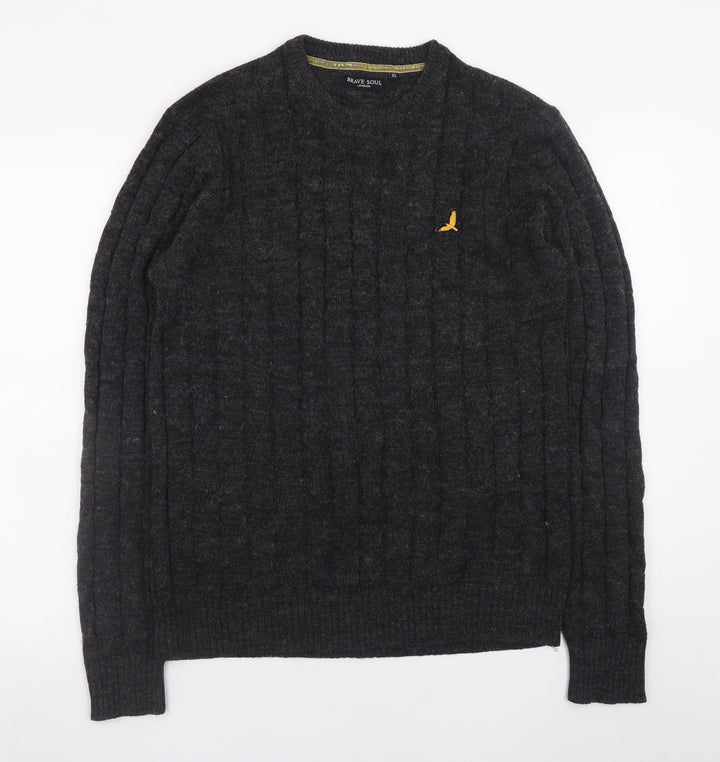 Brave Soul Men's Grey Cable Knit Crew Neck Pullover Jumper XL
