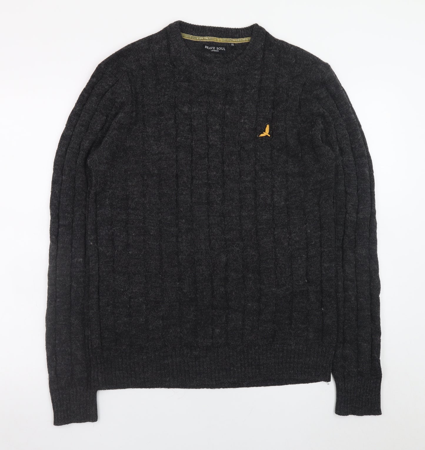 Brave Soul Men's Grey Cable Knit Crew Neck Pullover Jumper XL