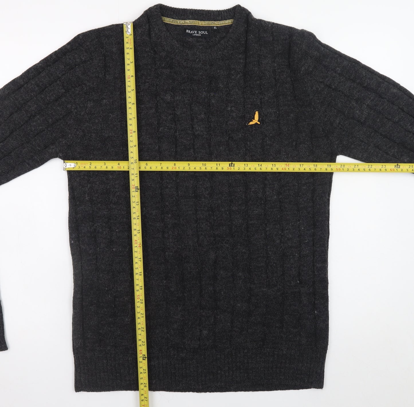 Brave Soul Men's Grey Cable Knit Crew Neck Pullover Jumper XL