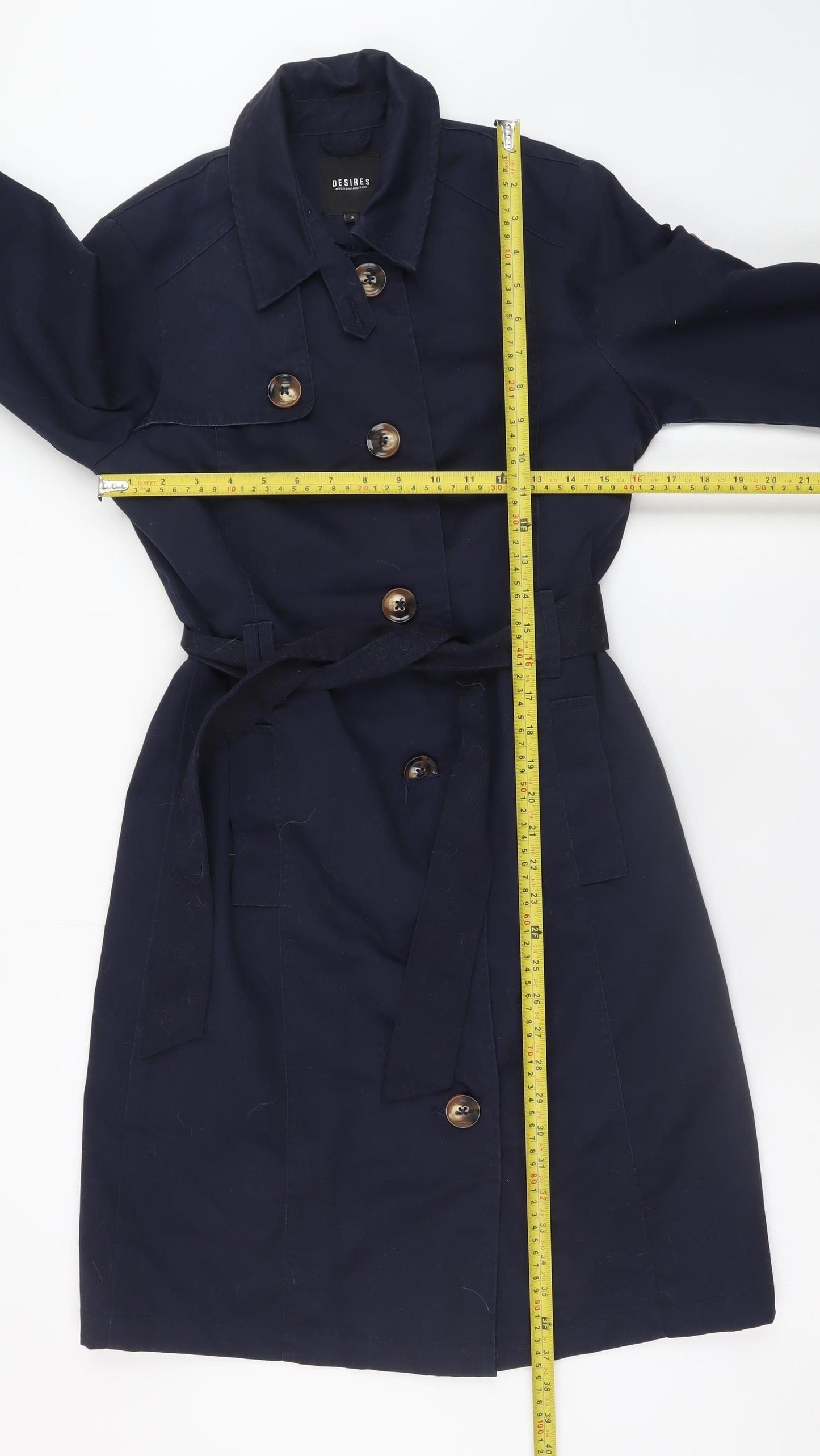 Desires Women's Blue Cotton Trench Coat Belted Long Size S