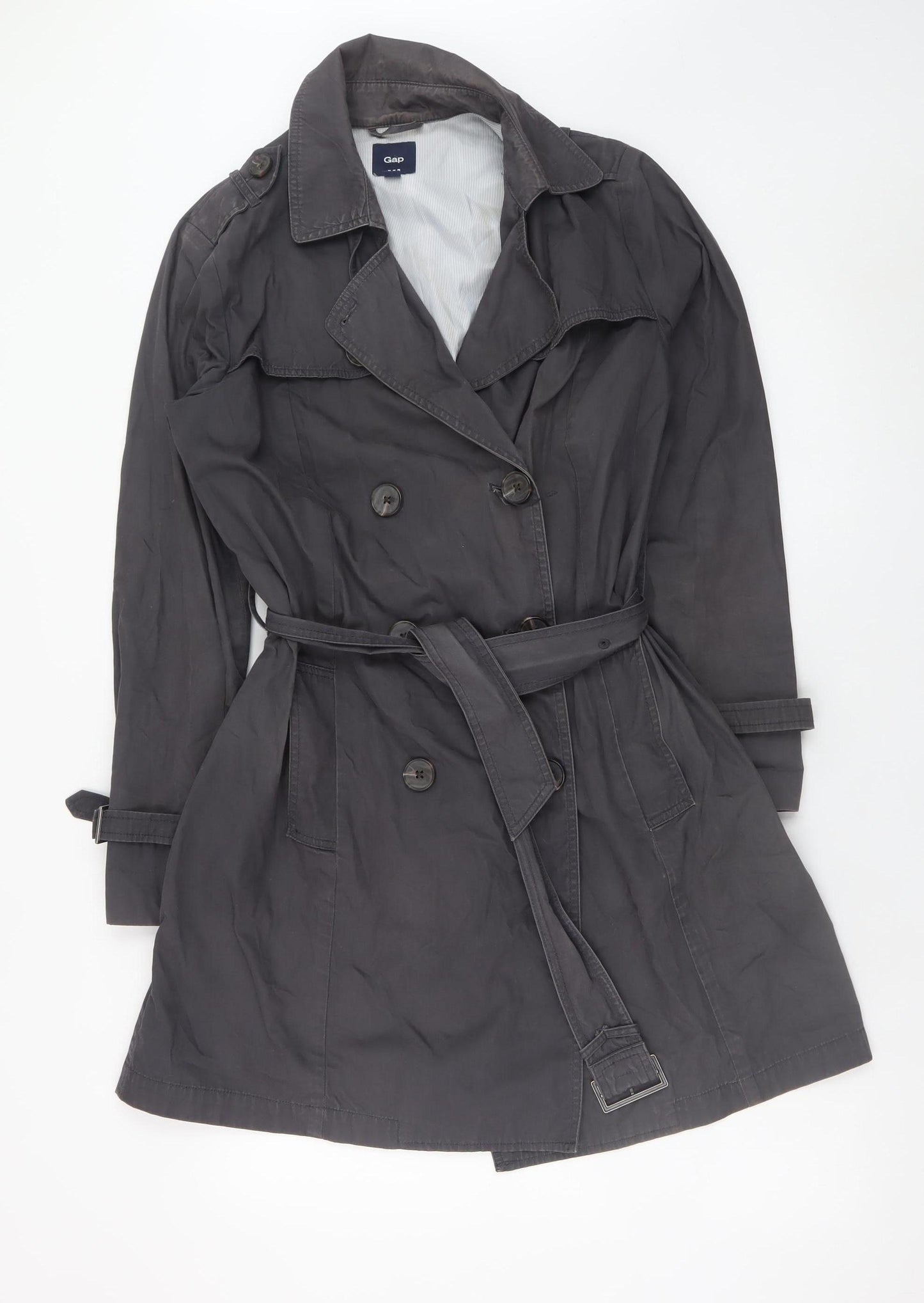 Gap Women's Grey Cotton Trench Coat L Belted Mid-Length Classic