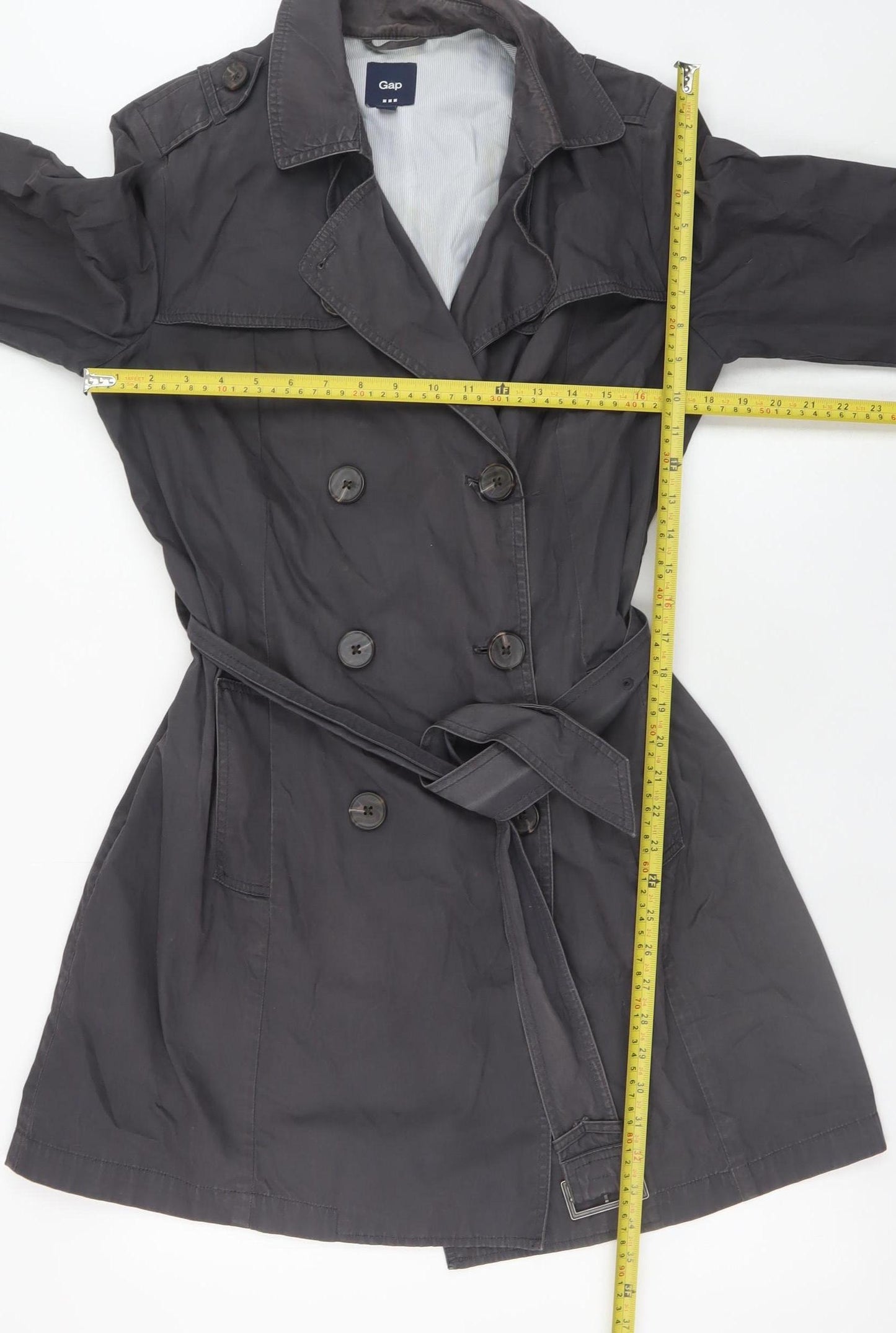 Gap Women's Grey Cotton Trench Coat L Belted Mid-Length Classic