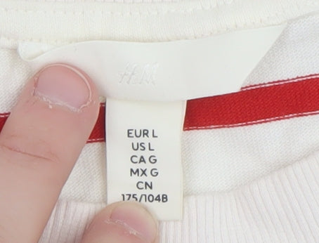 H&M Women’s White Red Striped Relaxed Cotton Crew Neck T-Shirt L