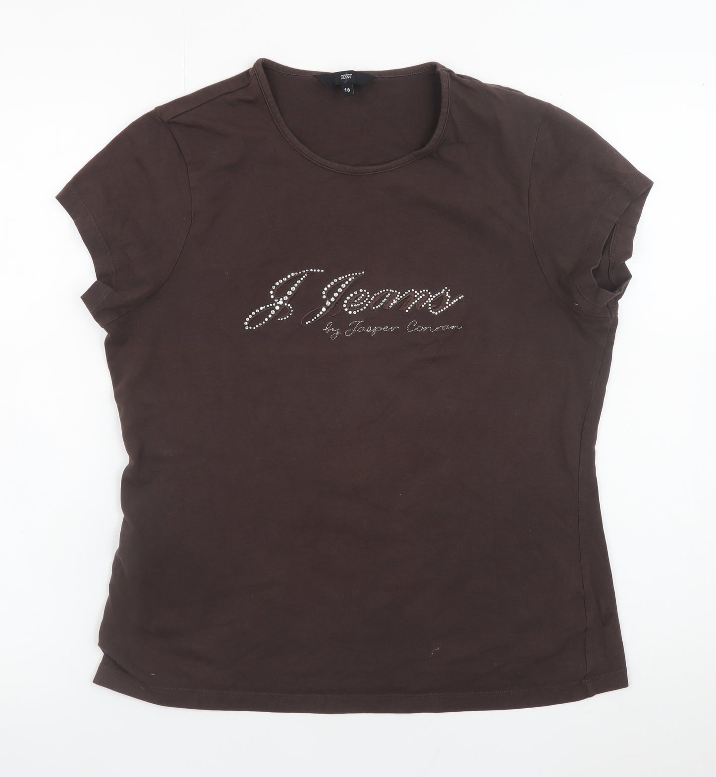 Jasper Conran Womens Brown Rhinestone Cotton T-Shirt Size 16