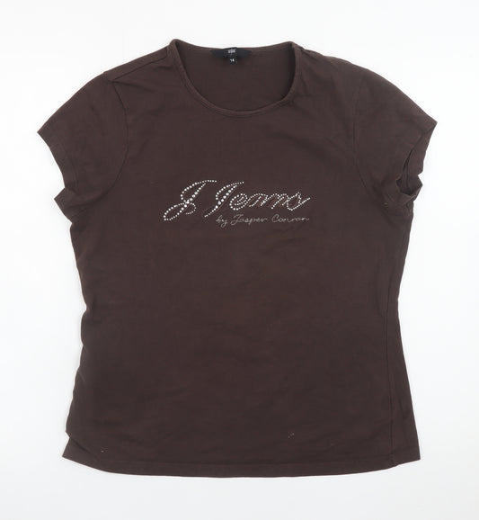Jasper Conran Womens Brown Rhinestone Cotton T-Shirt Size 16