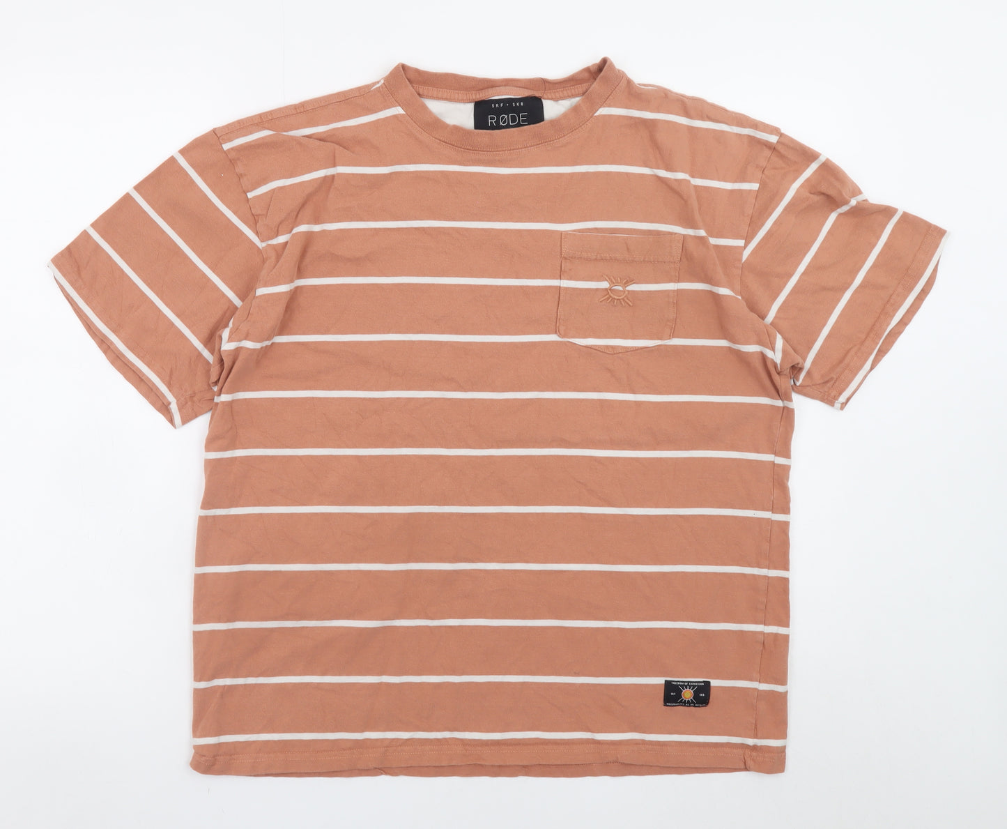 RØDE Mens Brown Striped Cotton Crew Neck T-Shirt Size M