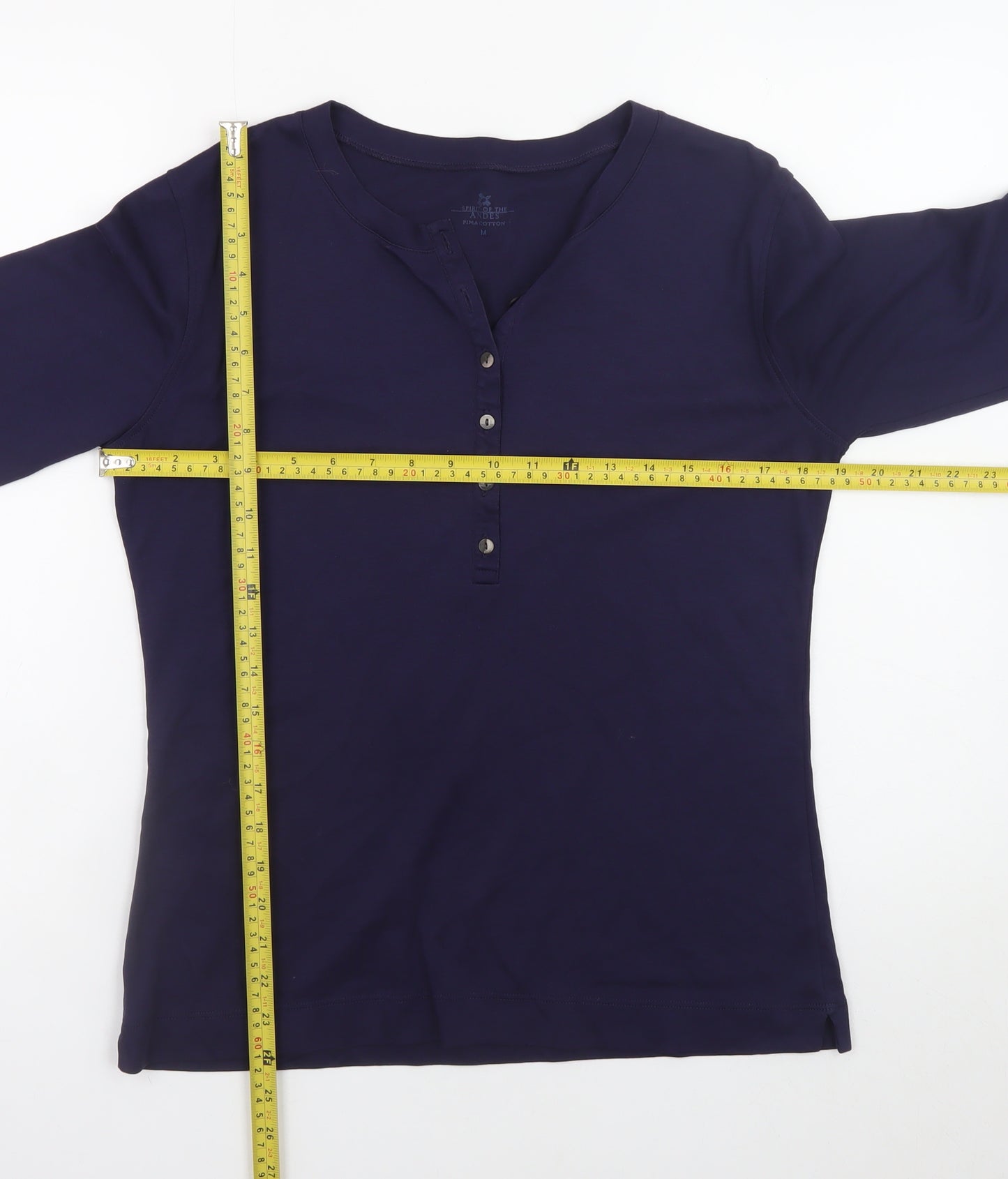 Spirit of the Andes Women Blue M Basic Henley 3/4 Sleeve Cotton Top