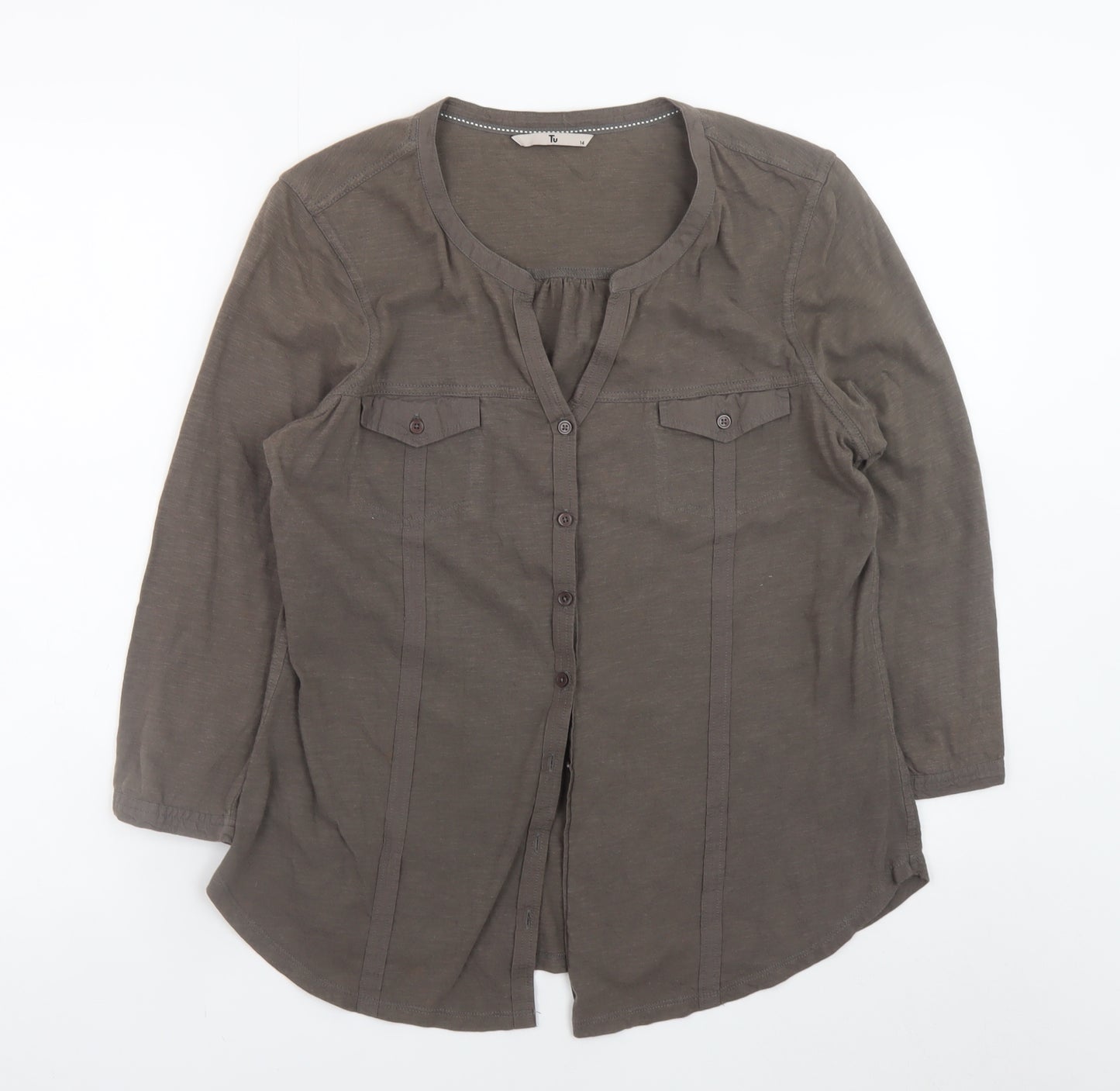 Tu Women’s Khaki Button-Up Blouse Size 14 100% Cotton Long Sleeve