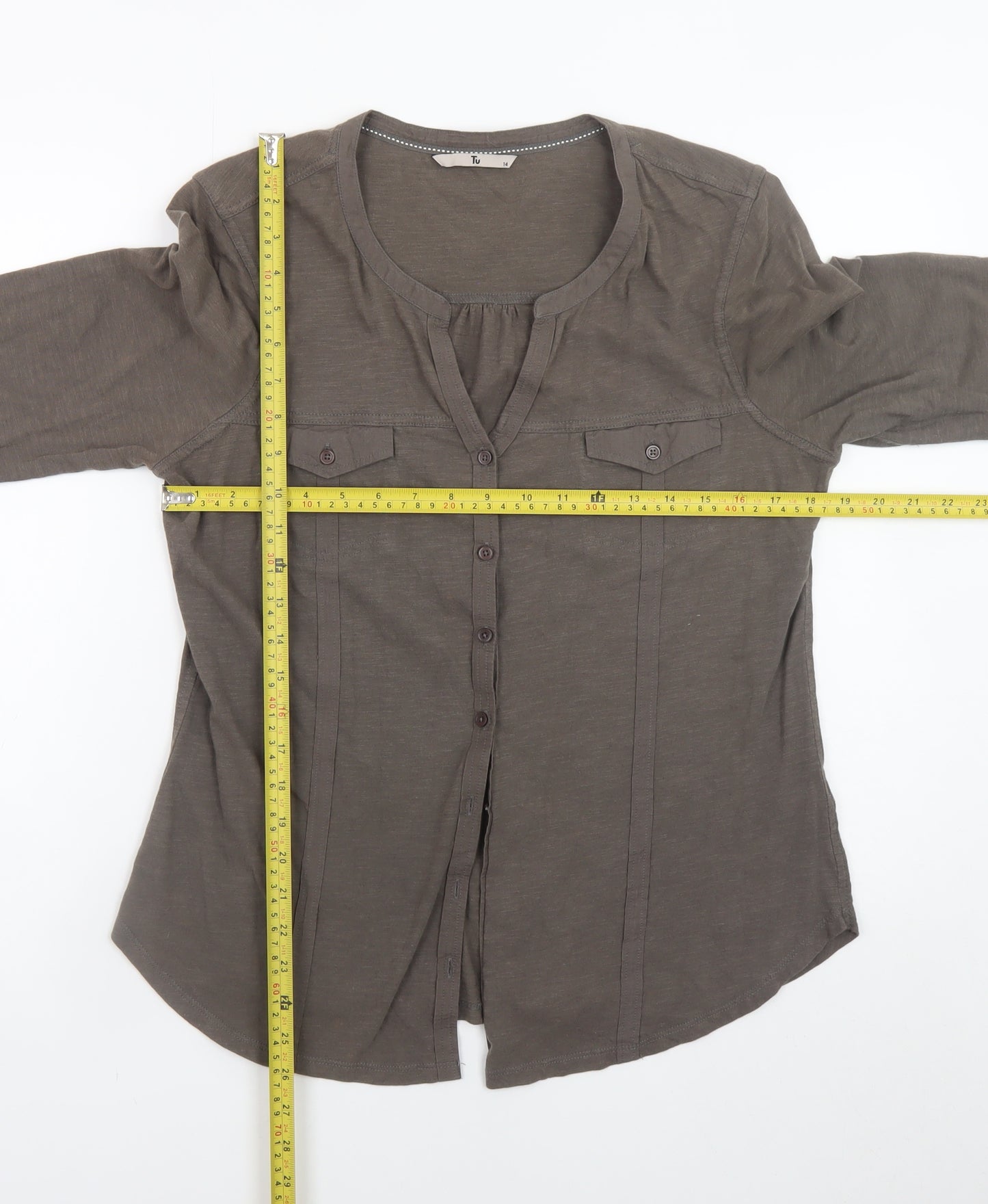 Tu Women’s Khaki Button-Up Blouse Size 14 100% Cotton Long Sleeve
