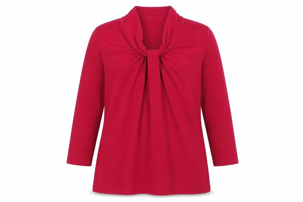 Front view of Isle Collection Women's Red Long Sleeve Knot Neck Top, size M