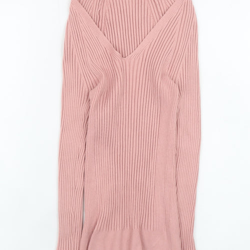MNG Women’s Pink Ribbed Knit V-Neck Long Sleeve Top Size S