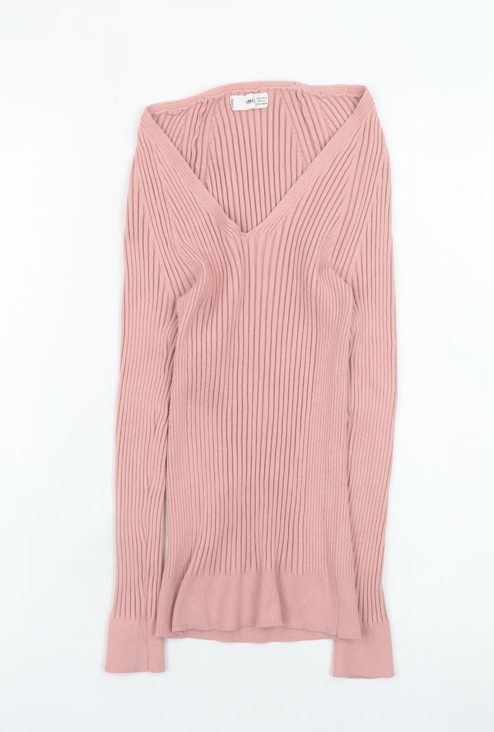 MNG Women’s Pink Ribbed Knit V-Neck Long Sleeve Top Size S