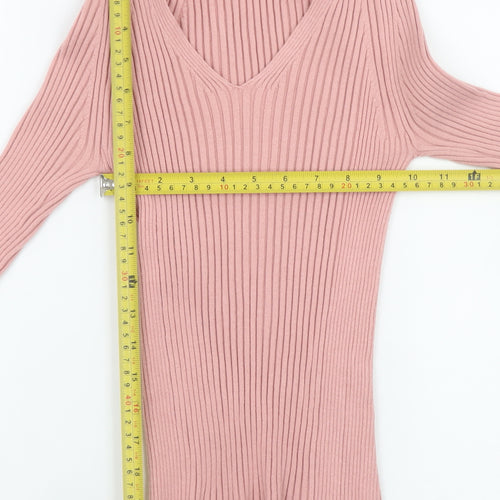 MNG Women’s Pink Ribbed Knit V-Neck Long Sleeve Top Size S