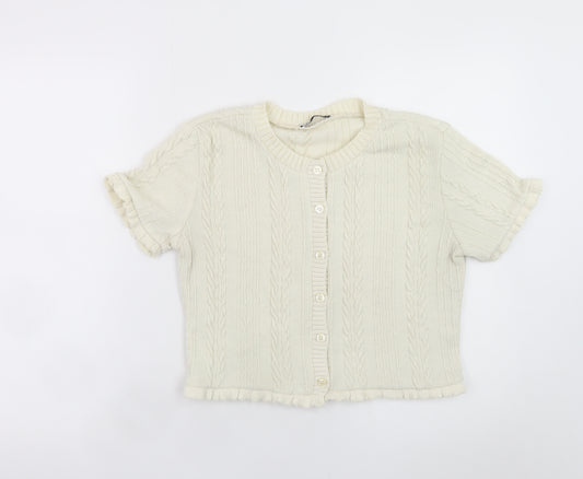 ZARA Women Ivory Cable Knit Short Sleeve Cardigan Size 14