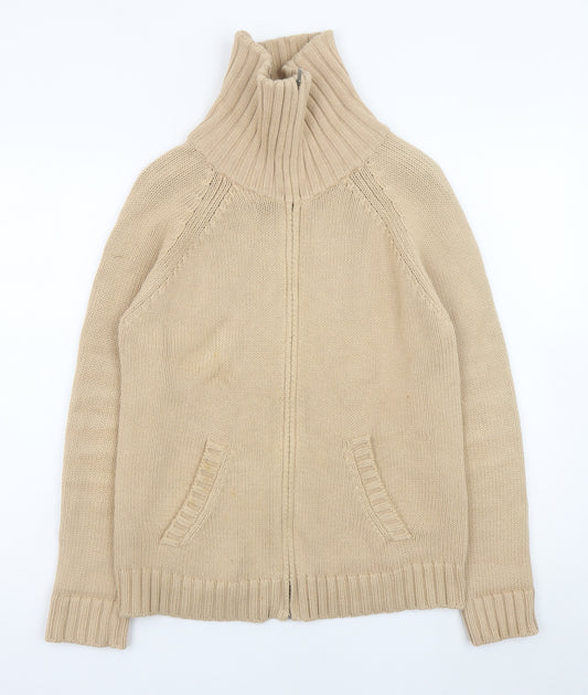 Marks and Spencer Women Beige High Neck Full Zip Cotton Jumper UK 12